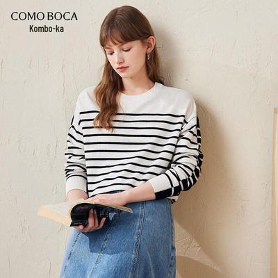 Komongboka Women's Autumn/Winter Black & White Striped Round Neck Wool Sweater