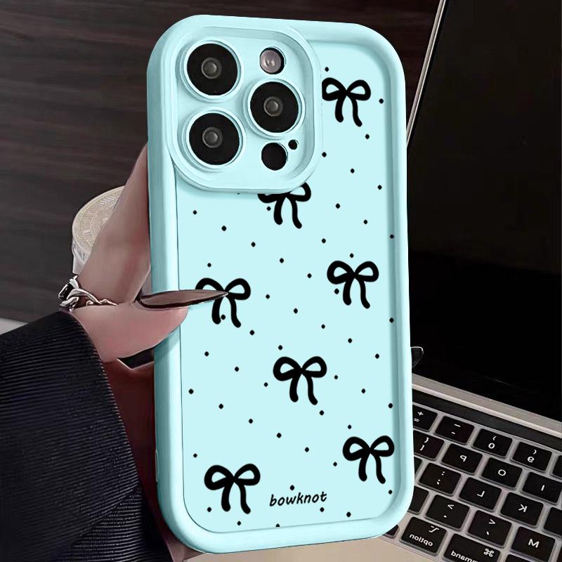 Black Bowknot Print TPU Soft Case For iPhone 16 Pro Max 15 Pro 14 13 12 11 XR XS 8 7 Lens Protection Shockproof Matte Phone Cover