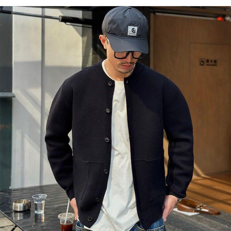 Japanese Large Pocket Cardigan Sweater Men's Baseball Collar Loose Casual Single-row Button Sweater Jacket
