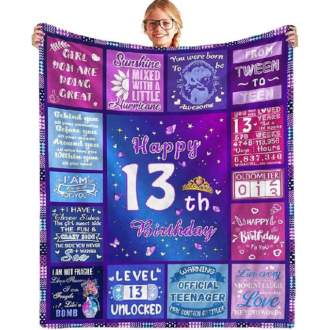 13 Year Old Gifts for Girl,13th Birthday Decorations for Girls Throw Blanket 50 x 60 ,Gifts for 13 Year Old Girl Blankets,13th Birthday Gifts for 60 x 50