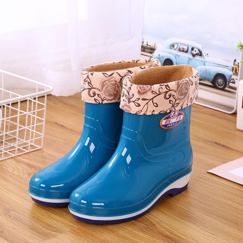 Short Rain Shoes Women's Non-slip and Wear-resistant Water Shoes Waterproof Glue Shoes Fleece Warm Water Boots Labor Protection Medium Tube Horse