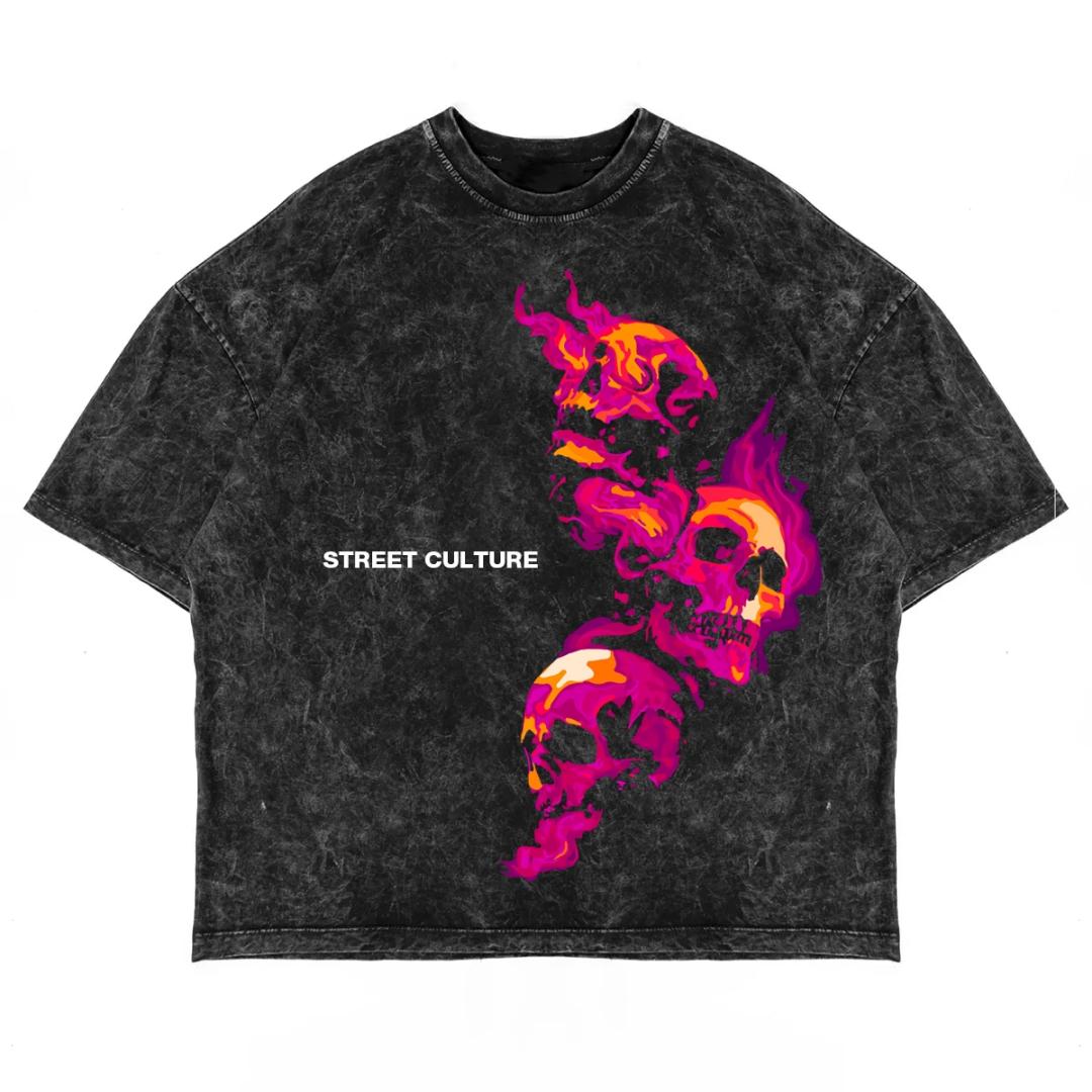 

STREET CUTURE Slogan Flame Skull Printed Vintage T-shirt Loose fit Unisex Trendy Brand Style Daily Casual Street Versatile Top XXL чорний