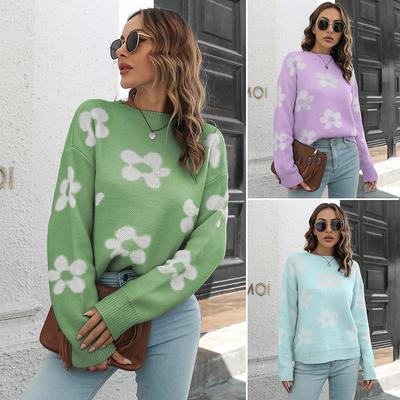 Suéter solto feminino outono e inverno de manga comprida com margaridas