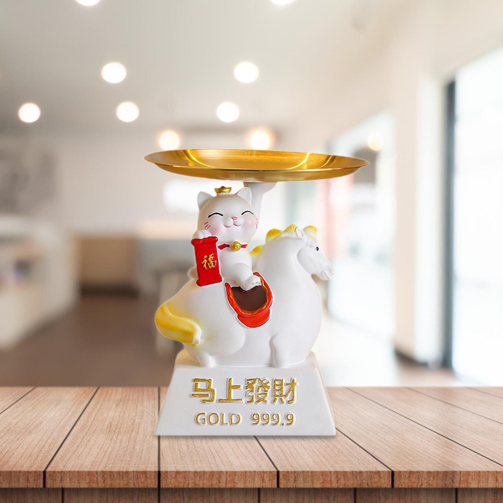 

Cat Figurine Tray Animal Sculpture with Chinese Modern Key Holder Home Decor for Bedroom білий