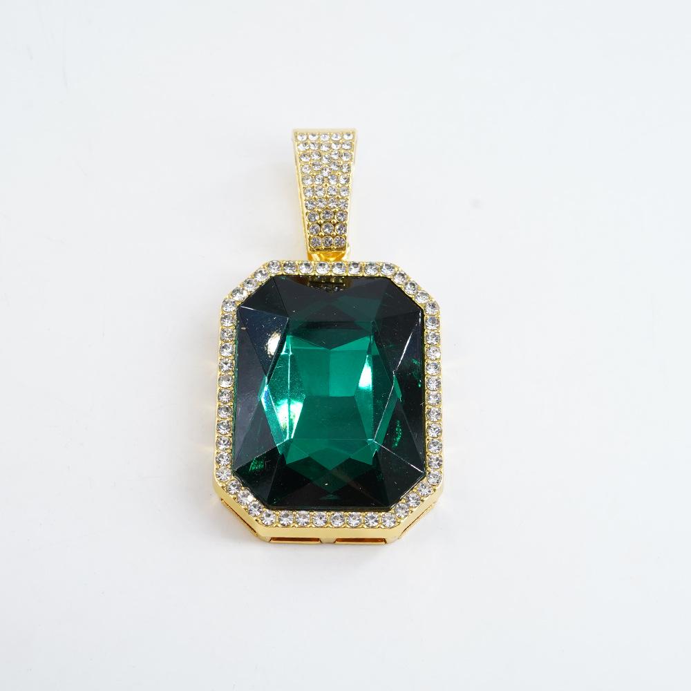 Collana Pendente Hip Hop da Uomo con Pietra Preziosa Colorata Quadrata e Catena Cubana Interamente Diamantata - Gioielli Unisex
