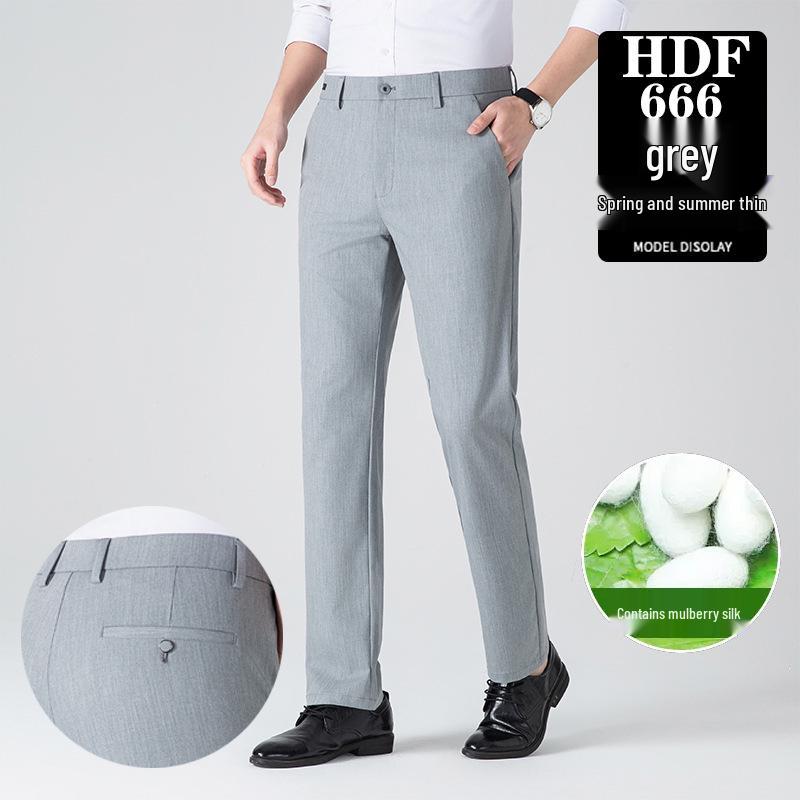 Men's High-Quality Mulberry Silk Business Casual Pants – Non-Iron, Elastic, Straight Leg for Spring/Summer