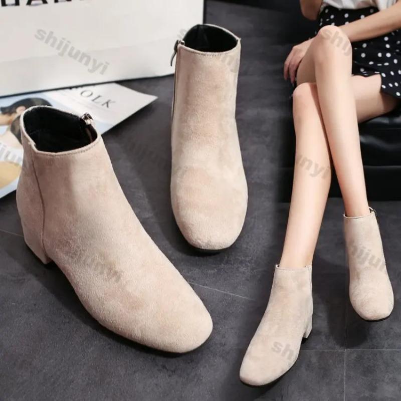 Fashion Women Suede Ankle Boots Chunky Heels Autumn New Fashion Mid-heel Shoes Women Trend Snow Boots Elegant Walking Goth Botas Mujer