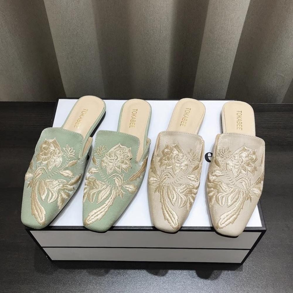 Women's Mules Embroidered Bag Head Half Slippers Women's Outer Wear Spring and Summer Retro Versatile Flat Soled Muller Shoes