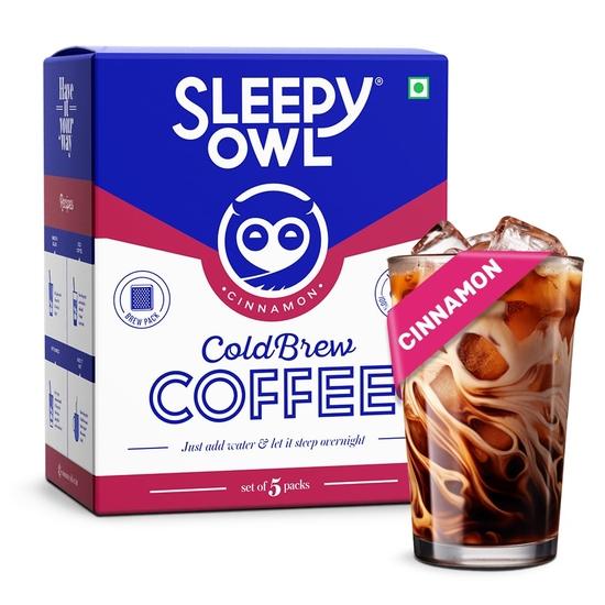 Sleepy Owl Cinnamon Cold Brew Coffee Bags | 100% Arabica Coffee | Set of 5 Packs - Makes 15 Cups | Easy 3 Step Overnight Brew - No Equipment Needed