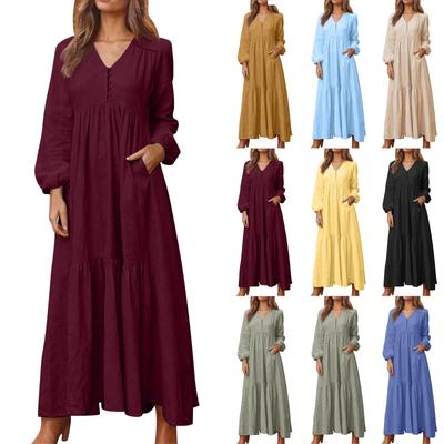 Women's Casual Long Sleeve Maxi Dress Loose Button V Neck High Waist Flowy Layered Dress