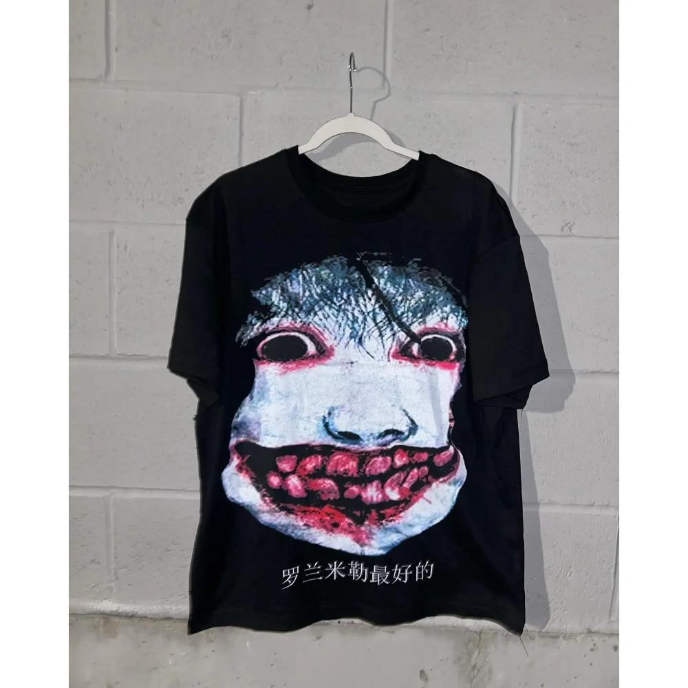 2025 Parent-Child Wear Men's and Women's Cotton Shin-Harajuku Vintage Drolandmiller Face Print Graphic Gothic Style Short Sleeve