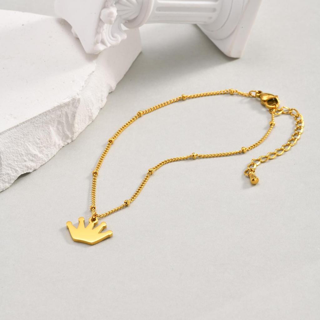 Simple Gold Plated Crown Anklet Stainless Steel Beaded Ankle Bracelet for Women Dainty Foot Chain Jewelry Summer Accessories