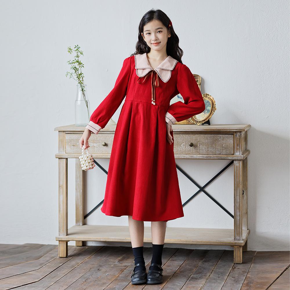 

Осеннее вельветовое платье принцессы с кружевом и темно-синим воротником для девочек - Академический стиль 170 cm