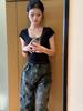 Women's Summer Black Lace Bow U-Neck Short-Sleeve Retro Top