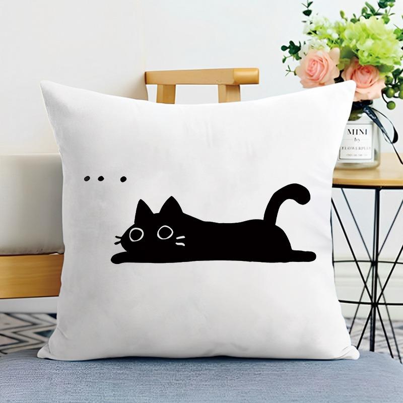 Cartoon Black Cat Print Decorative Pillowcase Bedroom Living Room Square Cushion Pillowcase