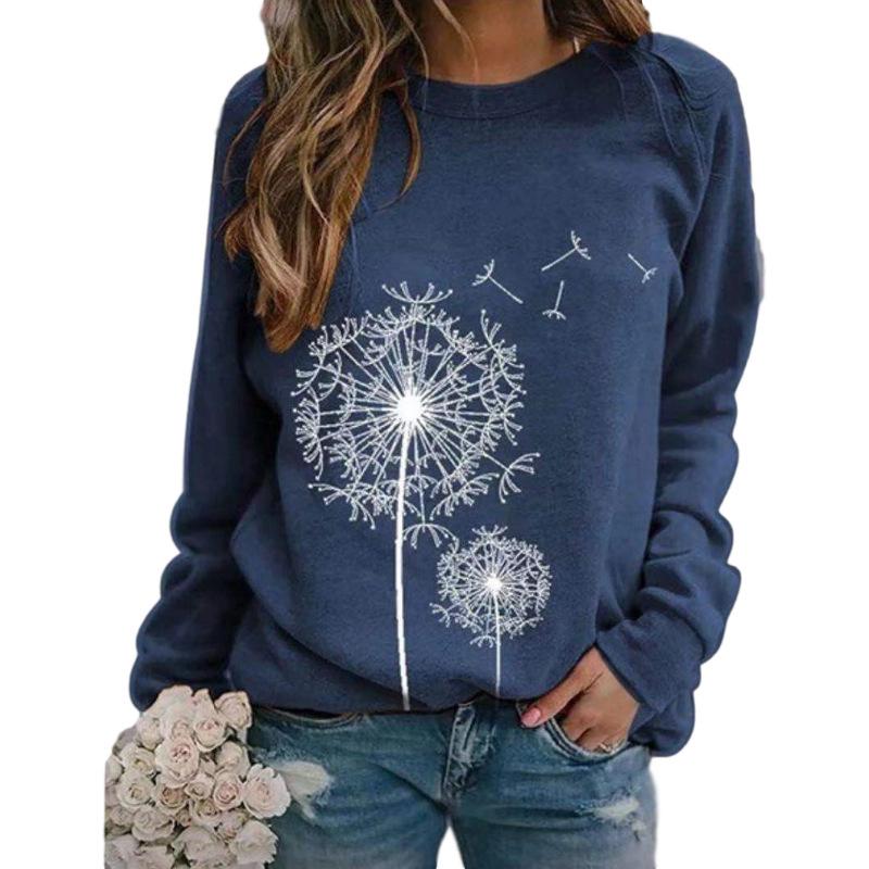 Herbst Frühling Damen Pullover T-Shirt Langarm Rundhals Oberteil Tee Löwenzahn Druck Basic Tunika Oberteil Lässige Blusen Sweatshirt