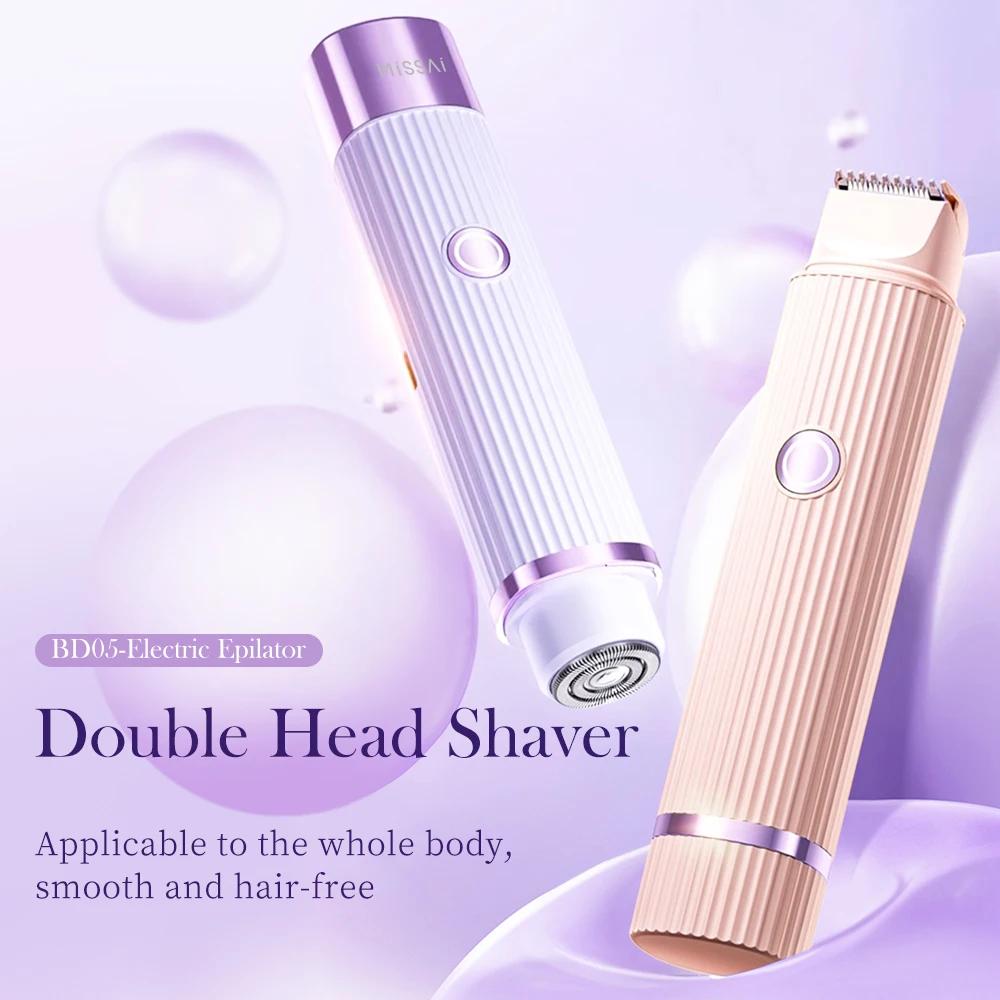 Women Electric Razors 2 in 1 Dual-Head Painless Bikini Trimmer Wet Dry Use for Ladies Pubic Hair Detachable Head Electric Shaver