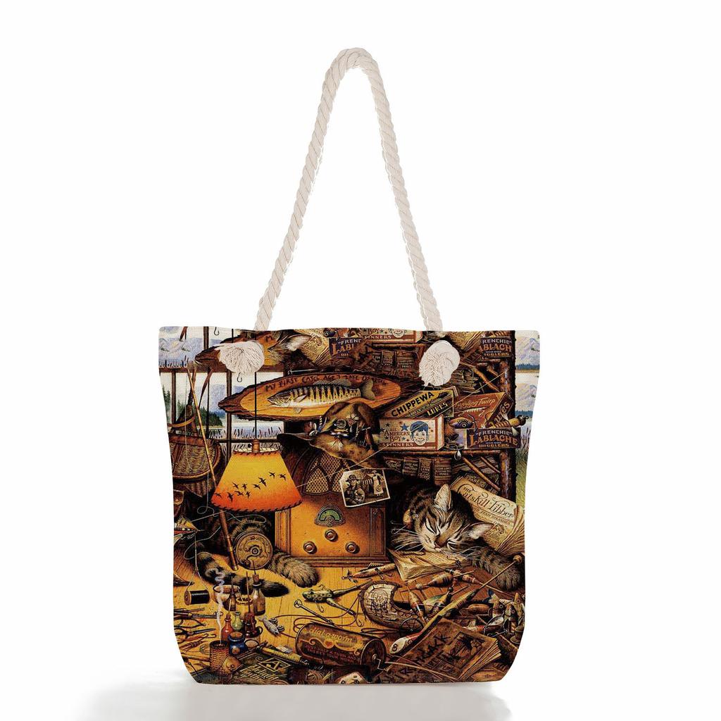 Cute Cat Print Thick Rope Single-shoulder Beach Bag 7211