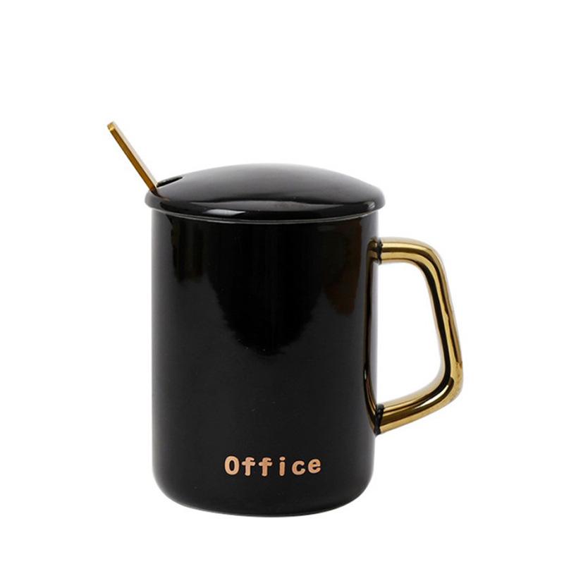 

Gold-plated gold handle office couple ceramic mug coffee cup with lid spoon gift box 301-400ml