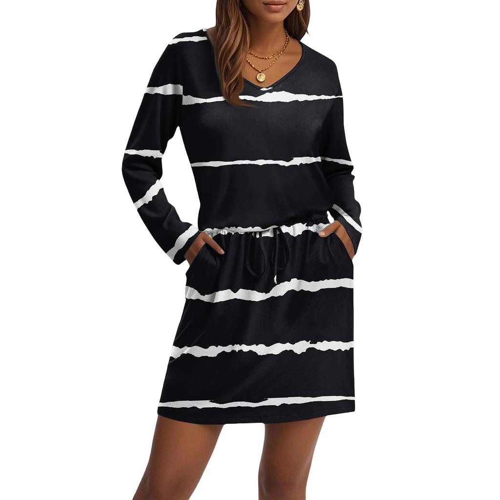 Women's Fashion V-Neck Long Sleeve Drawstring With Pocket Stripe Printed Casual Dresses