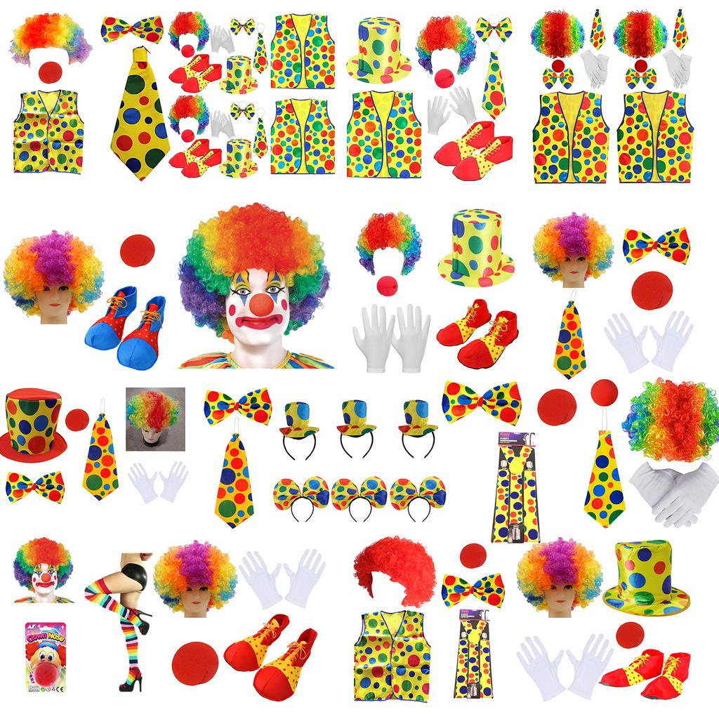 Clown Costume Set Red Clown Noses Shoes Vests Hats Wigs Bow Ties