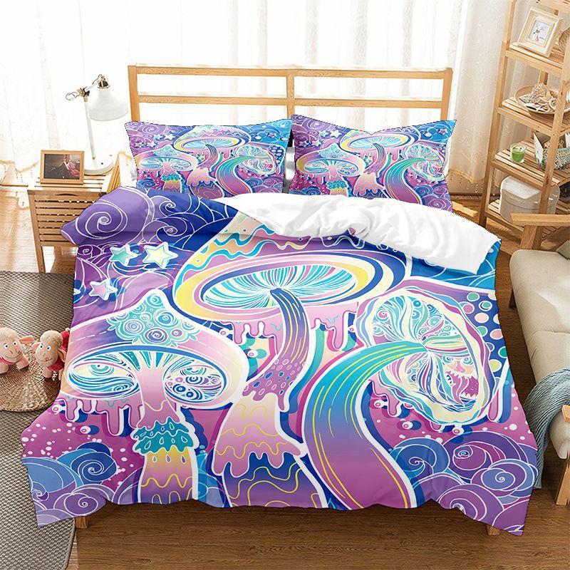 Mushroom Kids Duvet Cover Set King/Queen Size, Cartoon Trippy Colorful Fantasy Mushroom Soft Bedding Set For Girl Teen