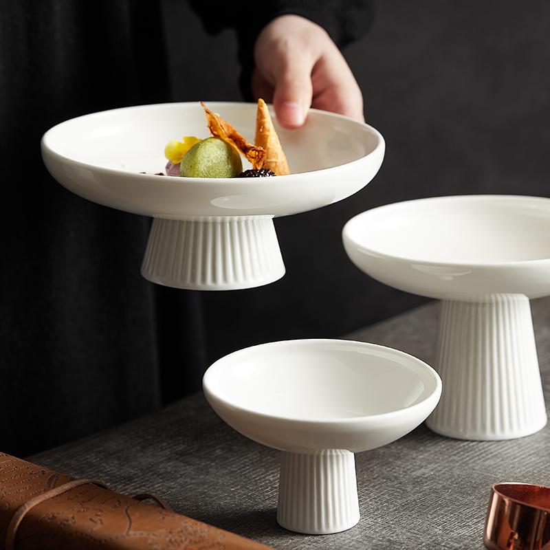 White Tall Fruit Snack Dish Ceramic Round Western Dessert Plate Exquisite Vertical Fruit Pasta Storage Tray Restaurant Tableware