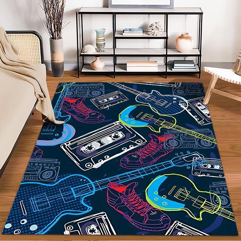 Music-Themed Carpet with Guitars, Cassette Tapes, and Sneakers Design Suitable for Use As an Anti-slip for Living Room Bedroom Sofas