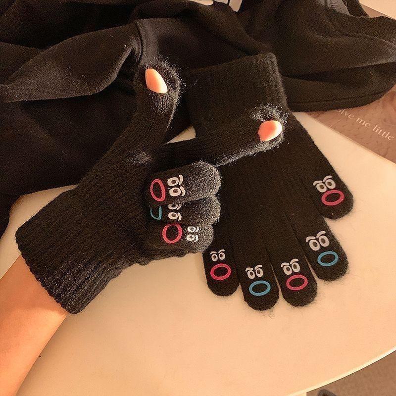 

Перчатки Mouth Monster Five-Finger Cute Korean шерстяные трикотажные для сенсорных экранов для езды на велосипеде осенью и зимой чёрный