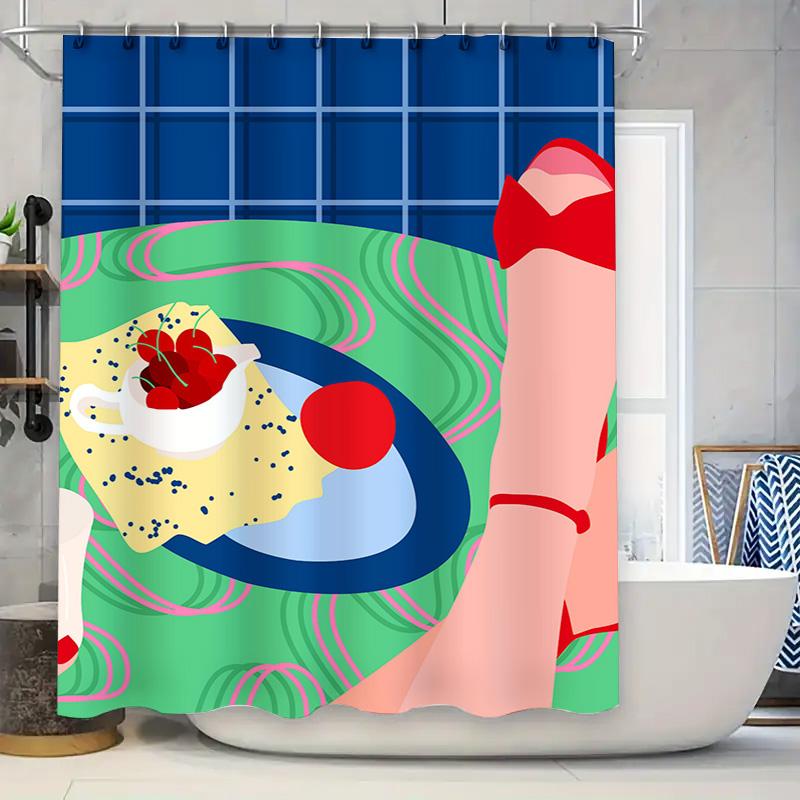 

Vintage Tattoo Girl Shower Curtain Retro Pin Up Style Bathroom Decor For Home Decoration 3D Printing Wall Paper In Blue Sky Colo W60H190(CM)-1 Pcs