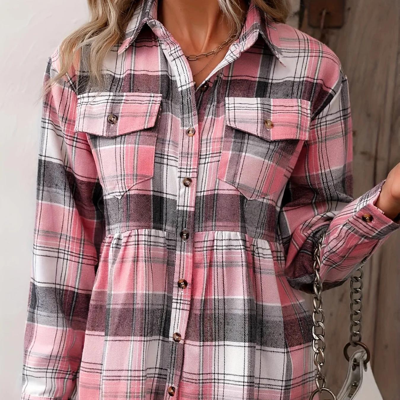 

Плюс размер Повседневная блузка Женская плюс клетчатая блузка на пуговицах с длинным рукавом и отложным воротником L розовый