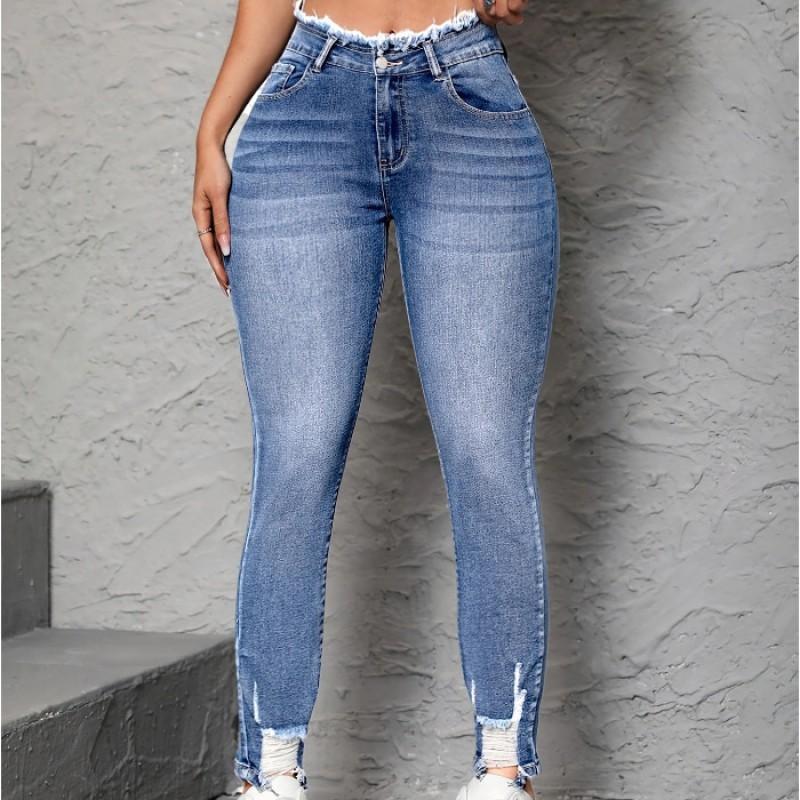 

TEMU Street Trend Women s Torn Holes Rough Edges Tight Feet Jeans WOMEN XS синий