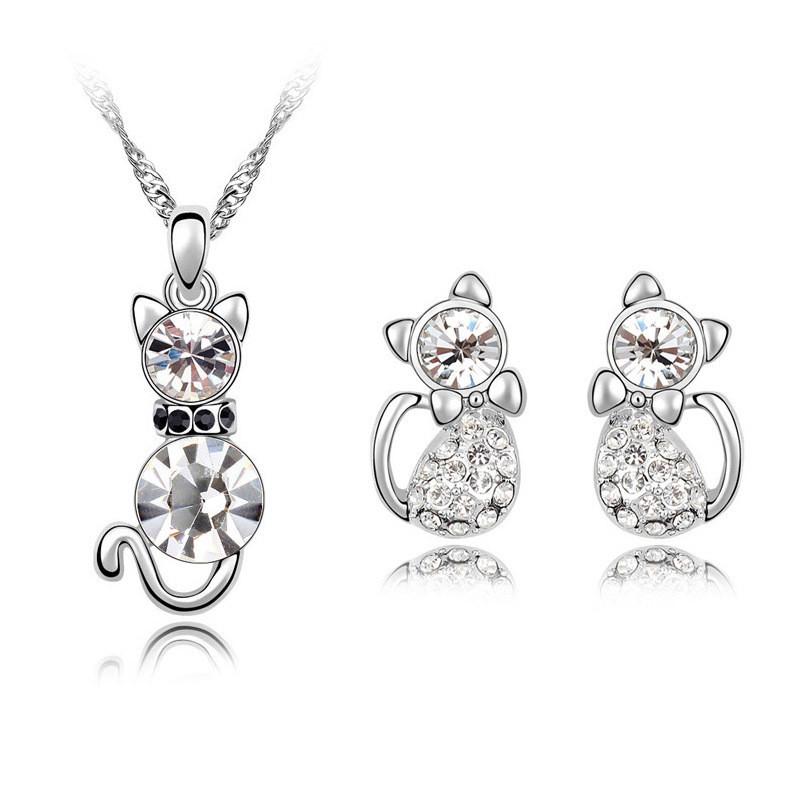 Cat 3pcs Crystal Shaped Necklace Earrings Jewelry Set Gift Teen Girls For Women