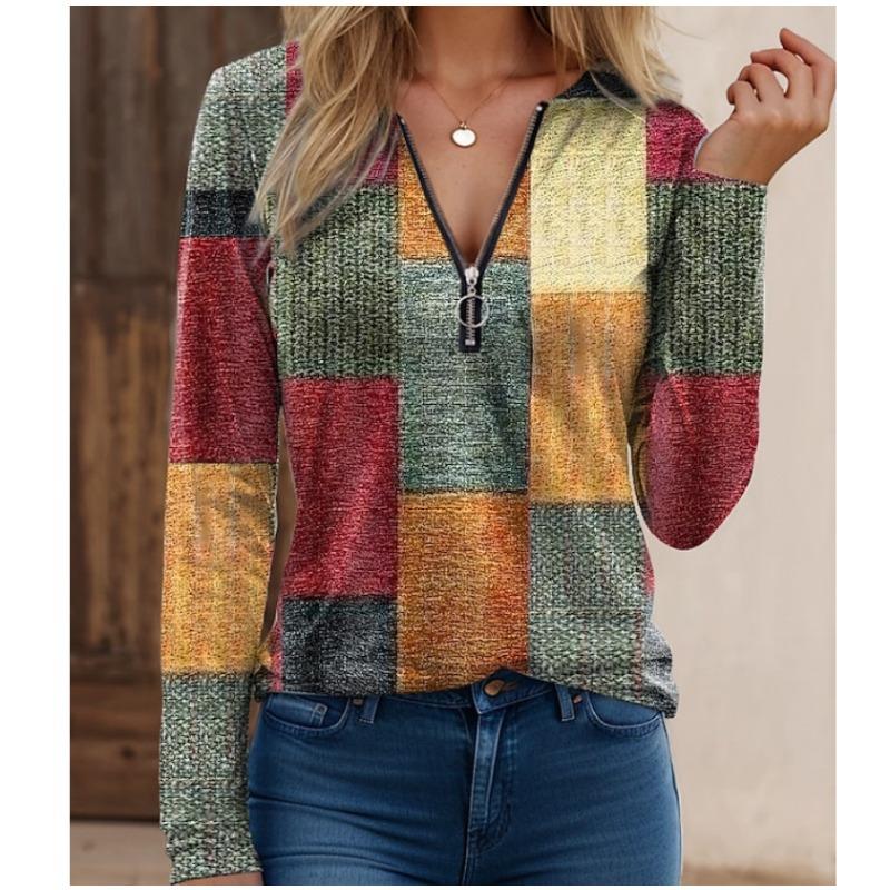 Spring Autumn Blouse Shirts Women Zipper V-Neck Comfortable Shirts Loose Long Sleeve Tops Fashion Female Tee Street Clothes