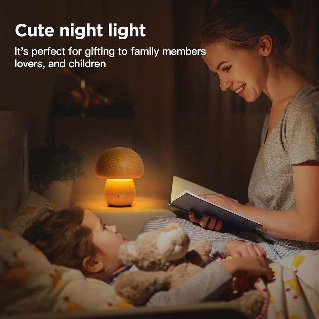 INS Wooden Creative Mushroom Night Light Stepless Dimming Bedside Table Lamp 3 Color Rechargeable Sleeping Nightlights For Room