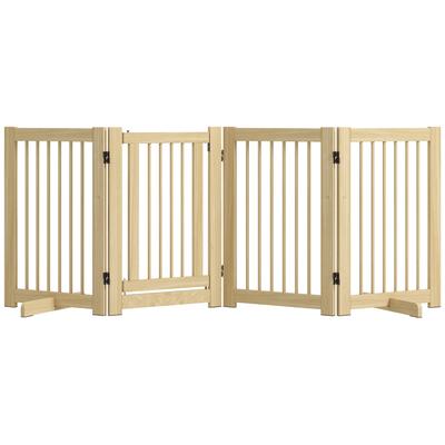 Freestanding Dog Gate, 4 Panels, Flexible, Pine Wood, 204L X 36W X 75H Cm, Natural Wood