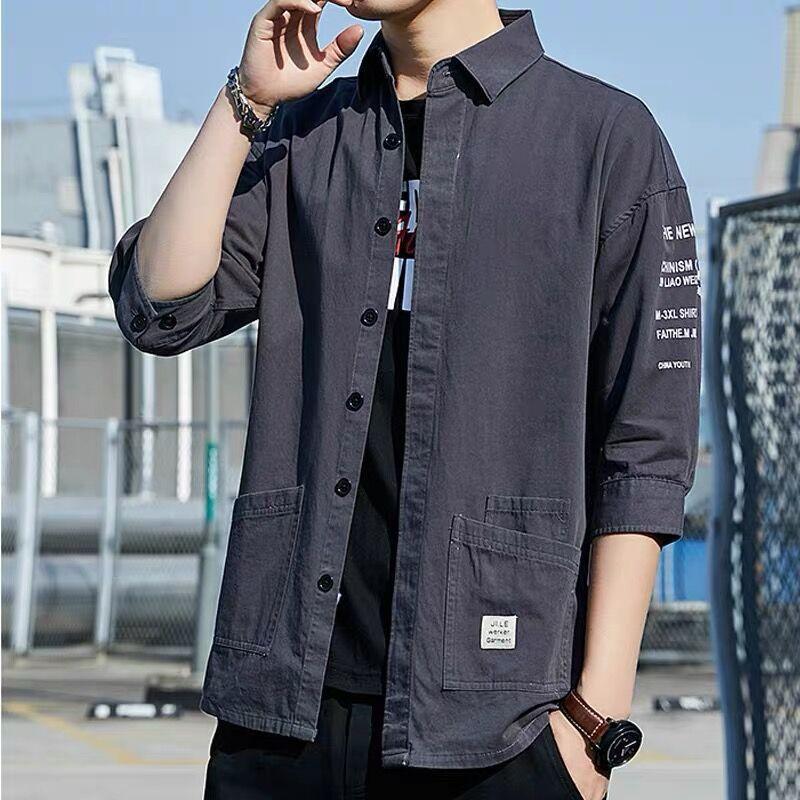 Thin Shirt Men's Mid-sleeved Spring and Summer Youth Work Tops Seven-quarter Sleeve Short-sleeved Five-quarter Sleeve Shirt Jacket