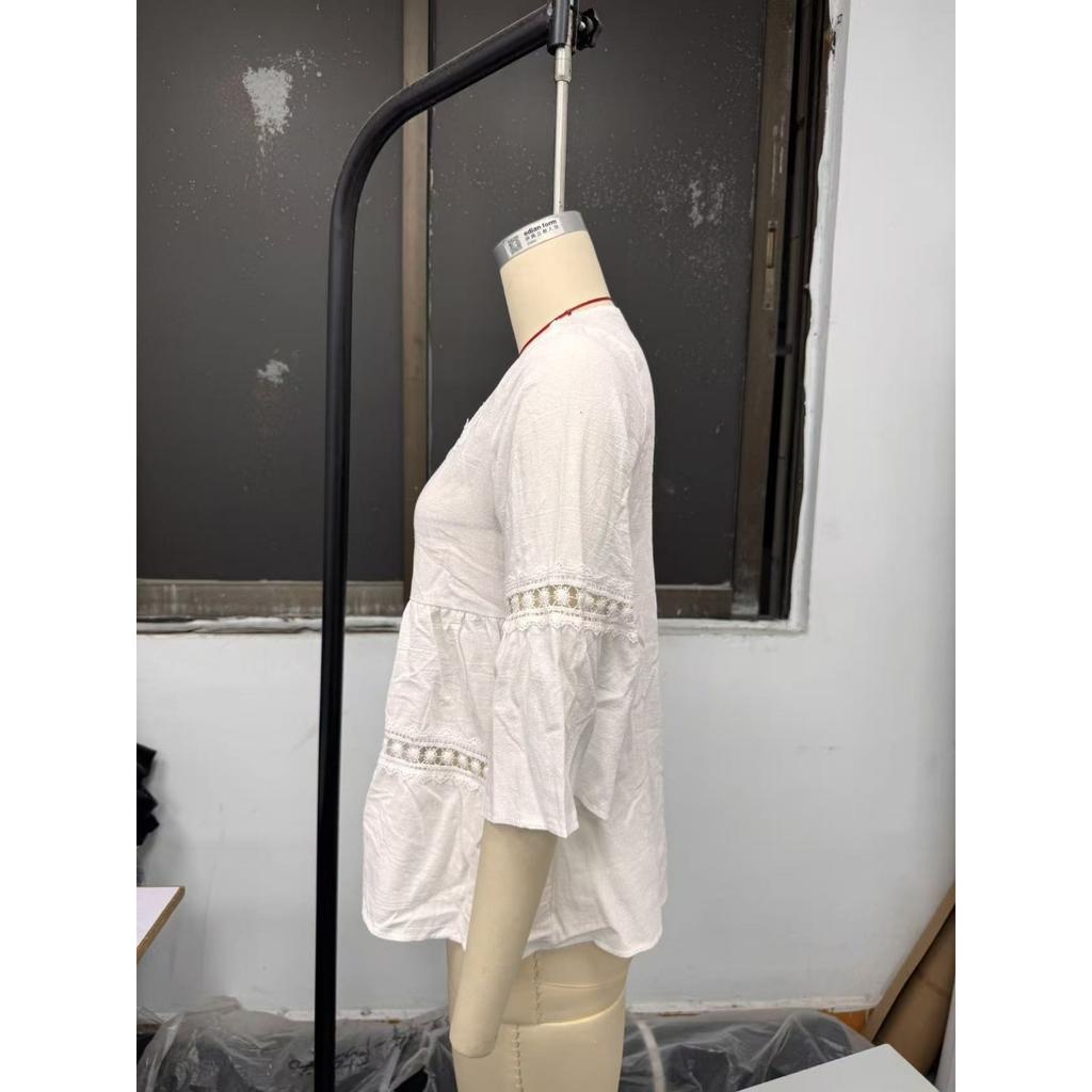 Zomer Dames Effen Linnen Katoen Vierkante Hals Top Kant Patchwork Driekwart Mouw Casual Blouse