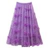 2025 Summer Plus Size Purple A-line Mesh Skirt with 3D Embroidered Flowers
