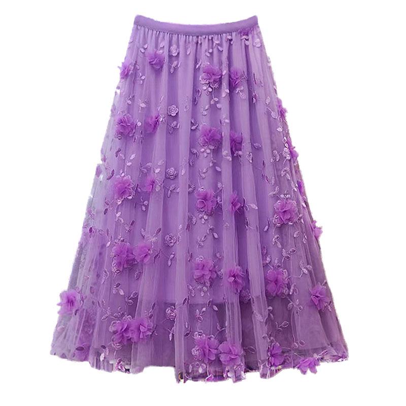 

2025 Summer Plus Size Purple A-line Mesh Skirt with 3D Embroidered Flowers One Size