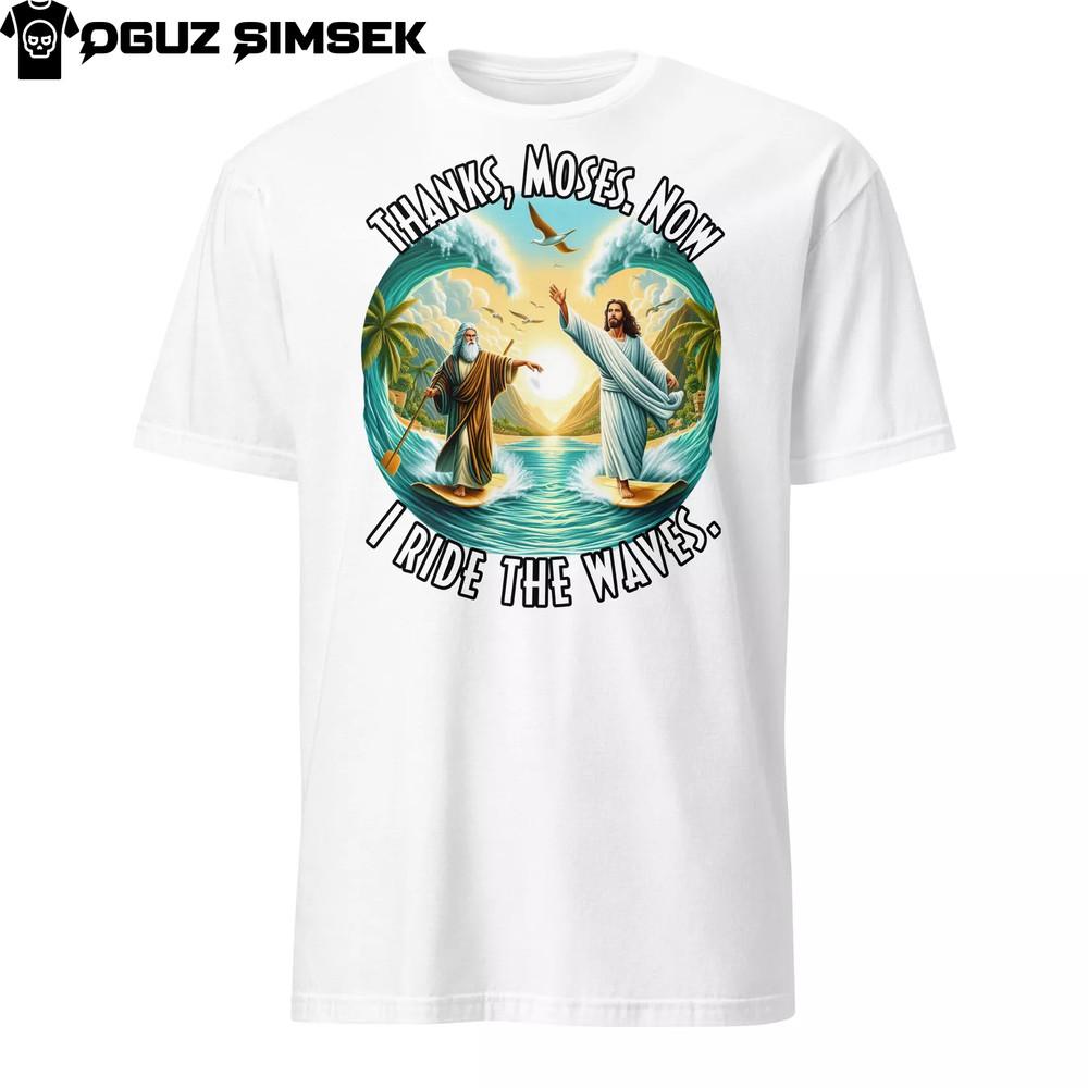 

Jesus and Moses Surfing Graphic T-Shirt - Unisex - Funny Quote - Surf Wave Design S