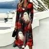 Women's Halloween Print V-Neck Long Sleeve Dress with Pockets for Casual Everyday Wear