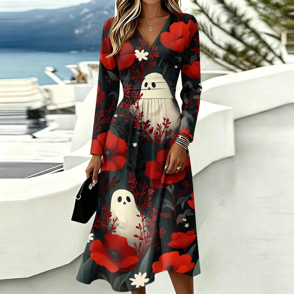 Women's Halloween Print V-Neck Long Sleeve Dress with Pockets for Casual Everyday Wear