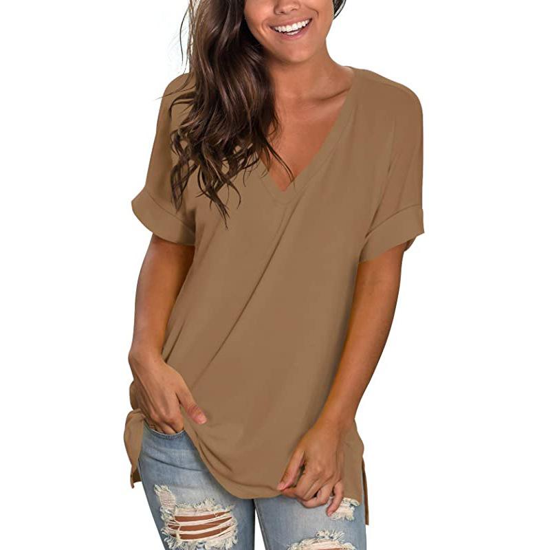 Women Fashion V-neck  Loose Lengthen Cotton Casual Short Sleeves Crop Top Solid Color Simple T-shirt