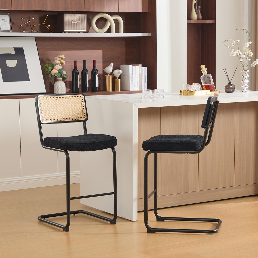 Modern Bar Stool, High-Gloss Design, 2 Chairs per Pack, Chenille Fabric Seat, No Armrests, Backrest with Rattan Look, Coated Metal Legs.-Black