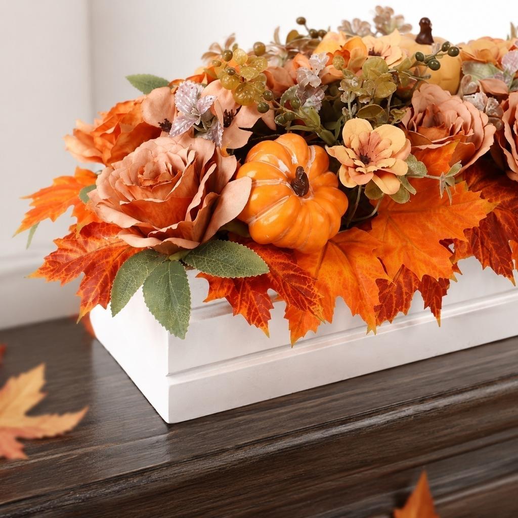 Artificial Pumpkin and Maple Leaf Floral Arrangement In Wooden Box Fall Harvest Decoration for Indoor Tabletop Display Seasonal Home Accent