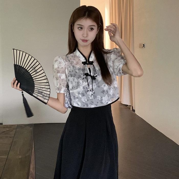 New Chinese-style improved jacquard dress women s summer new national style disc button blouse slim top two-piece set S