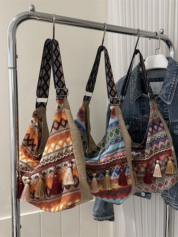 2025 Fashion Ethnic Tassel Canvas Shoulder Crossbody Tote - Large Capacity