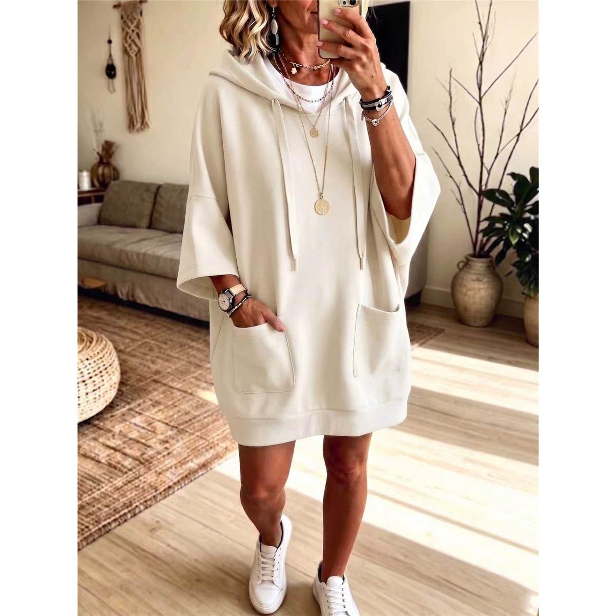 Dames Oversized Hoodie Jurk 3/4 Mouw Zakken Los Casual Hoodie Mini Jurk Dames Dagelijkse Tuniek XXXL abrikoos