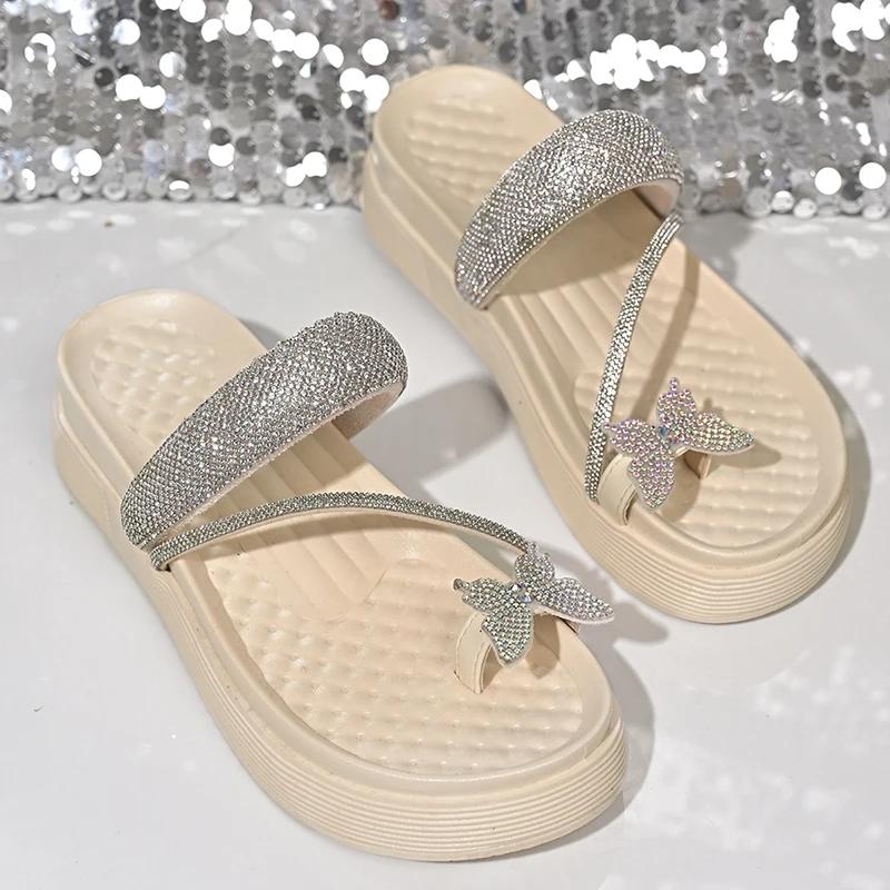 Fashion Crystal Butterfly Clip Toe Sandals Women 2025 Summer Beach Vocation Shiny Straps Wedges Slides Woman Chunky Platform Flip Flops